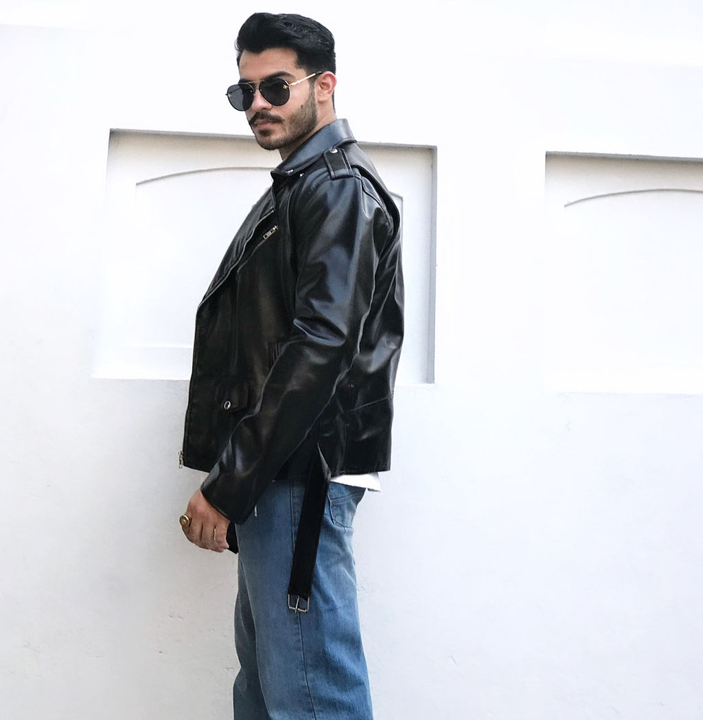 Classic Men’s Black Leather Biker Jacket – Premium Gloss Finish