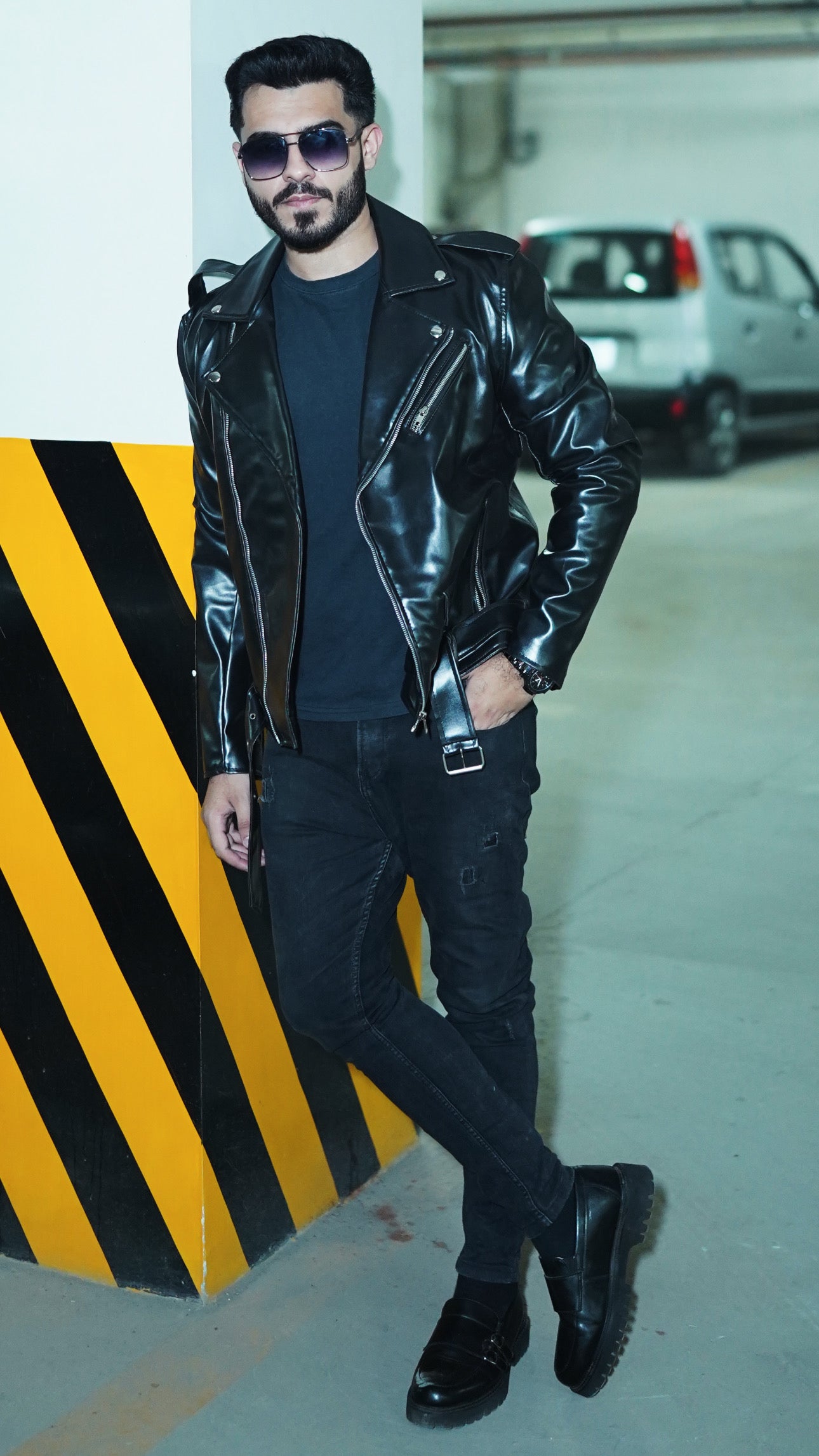 Classic Men’s Black Leather Biker Jacket – Premium Gloss Finish