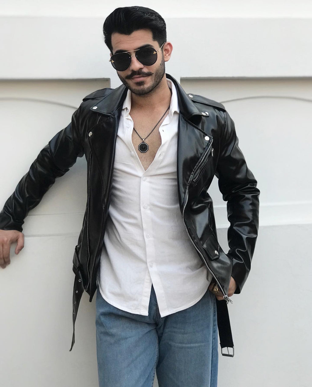 Classic Men’s Black Leather Biker Jacket – Premium Gloss Finish