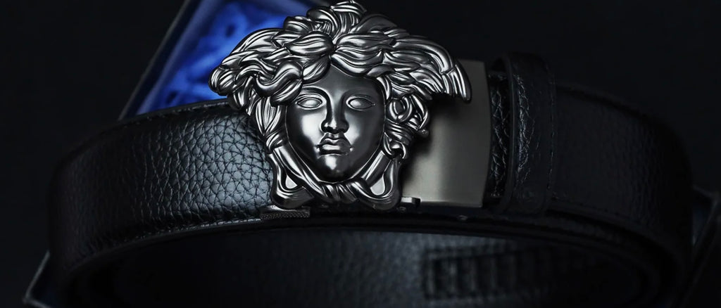 Luxury Black Leather Belt with Medusa Buckle – Men’s Designer Belt