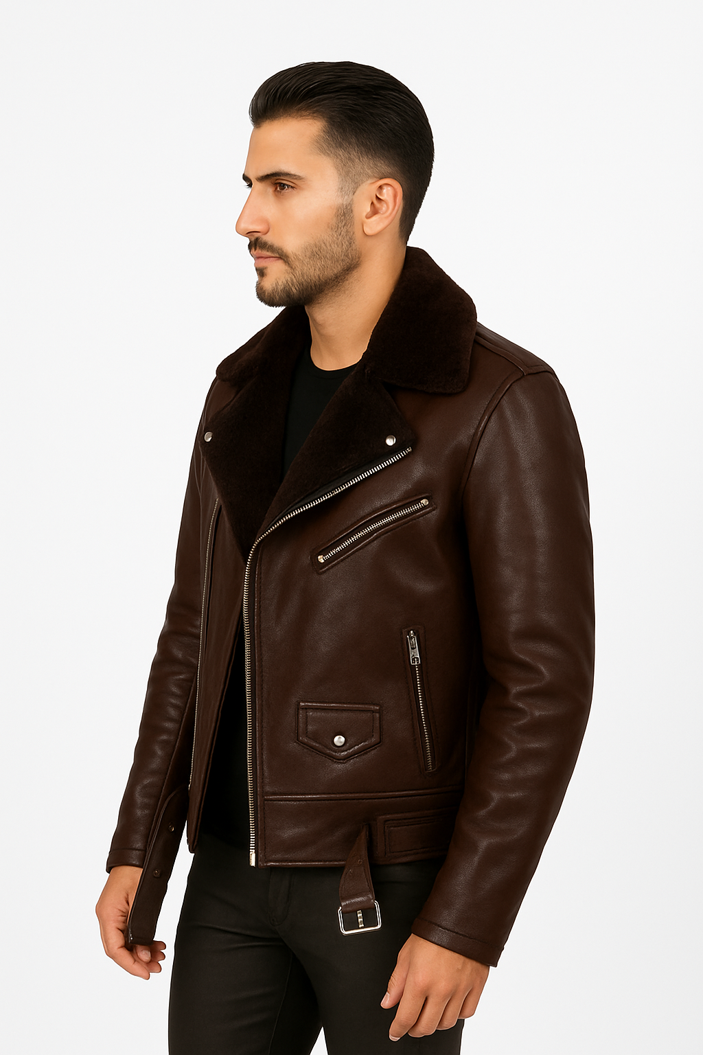 The Maverick: Men's Dark Brown Leather Biker Jacket with Removable Shearling Collar
