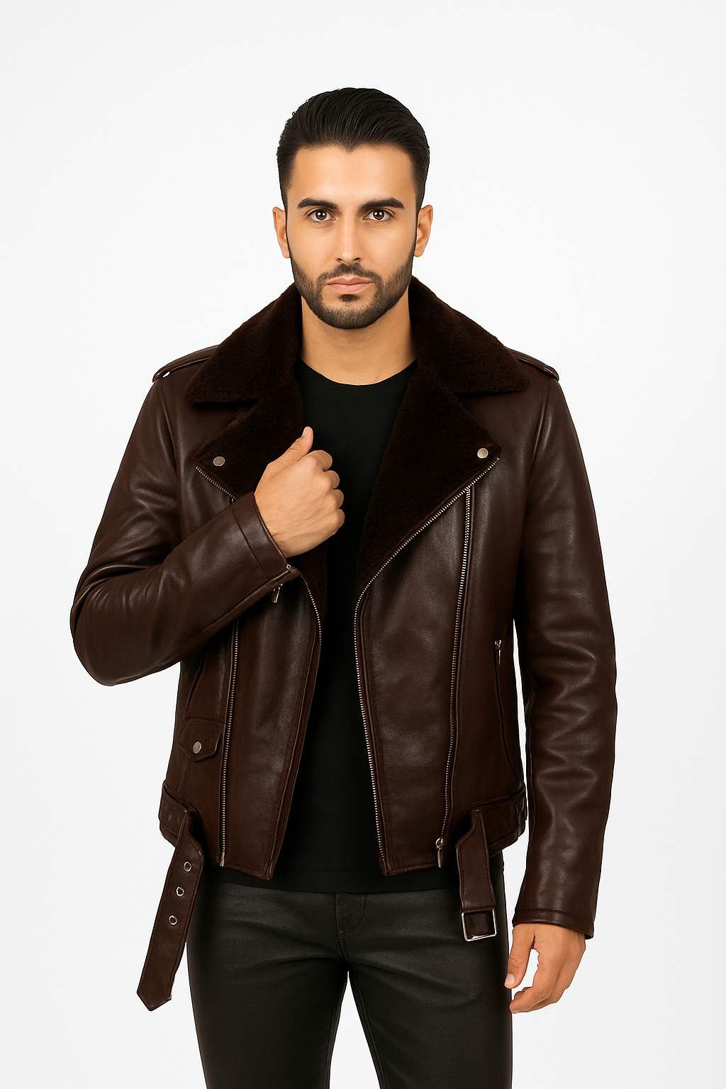 The Maverick: Men's Dark Brown Leather Biker Jacket with Removable Shearling Collar